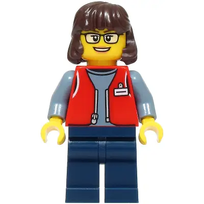  Forklift Driver - Female, Red Vest over Sand Blue Shirt, Dark Blue Legs, Dark Brown Hair