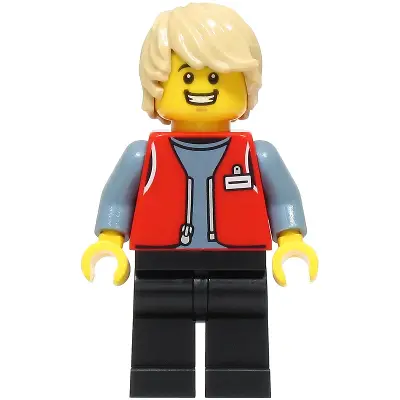  Forklift Driver - Male, Red Vest over Sand Blue Shirt, Black Legs, Tan Hair