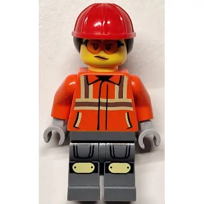  Construction Worker - Female, Reddish Orange Safety Jacket with Reflective Stripes, Dark Bluish Gray Legs with Knee Pads, Red Construction Helmet with Dark Brown Ponytail Hair, Safety Glasses