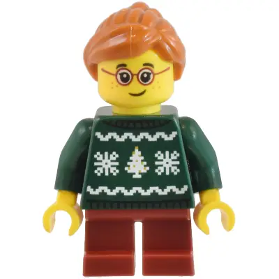  Child - Girl, Dark Green Holiday Sweater, Dark Red Short Legs, Dark Orange Hair