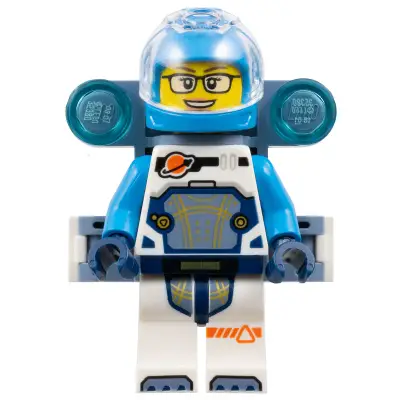  Space Explorer - Female, White Spacesuit with Dark Azure Arms and Helmet, Trans-Clear Visor, Sand Blue Utility Backpack, Glasses