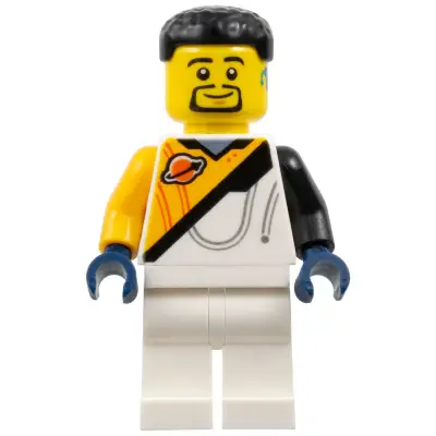  Space Explorer - Male, Bright Light Orange and White Spacesuit, Black Short Hair and Goatee, Hearing Aid