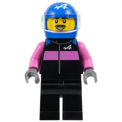  Formula 1 Driver, Alpine - Male, Black and Dark Pink Racing Suit, Blue Helmet, Trans-Clear Visor, Moustache