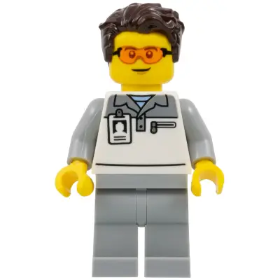  Formula 1 Mechanic - Male, Light Bluish Gray and White Polo Shirt, Light Bluish Gray Legs, Dark Brown Tousled Hair, Safety Glasses