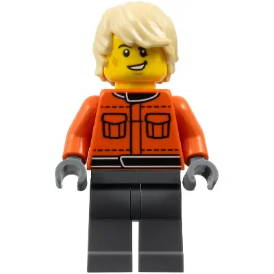  Formula 1 Race Crew Member - Male, Reddish Orange Racing Suit with Pockets, Dark Bluish Gray Legs, Tan Tousled Hair, Scuff Mark