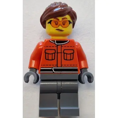  Formula 1 Race Crew Member - Female, Reddish Orange Racing Suit with Pockets, Dark Bluish Gray Legs, Reddish Brown Hair, Safety Glasses