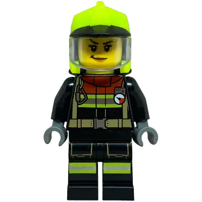  Fire Truck Soapbox Race Car Driver (Firefighter) - Female, Black Jacket and Legs with Reflective Stripes and Red Collar, Neon Yellow Fire Helmet, Trans-Clear Visor