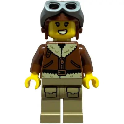 Airplane Soapbox Race Car Driver (Pilot) - Female, Reddish Brown Aviator Jacket, Dark Tan Legs with Pockets, Aviator Cap, Dark Bluish Gray Goggles