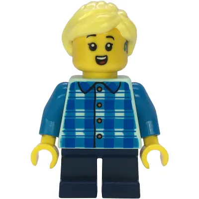  Child - Girl, Blue and Dark Azure Plaid Shirt, Dark Blue Short Legs, Bright Light Yellow Ponytail, Hearing Aid