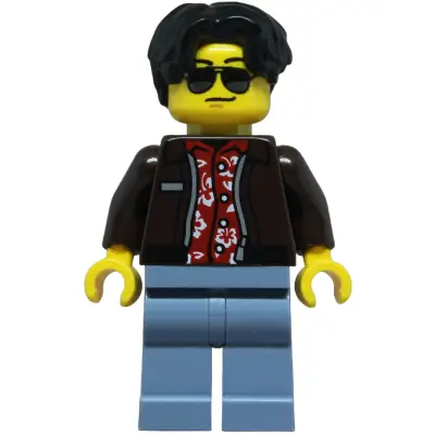  Sports Car Driver - Male, Dark Brown Jacket over Red Hawaiian Shirt, Sand Blue Legs, Black Hair Wavy, Sunglasses