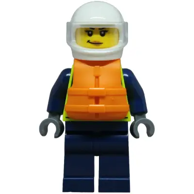  Police - City Officer Female, Neon Yellow Safety Vest, Dark Blue Legs, White Helmet, Trans-Clear Visor, Orange Life Jacket