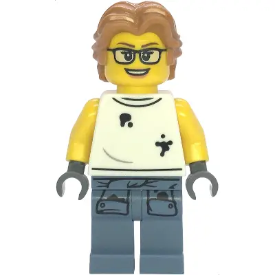  Scrapyard Worker - Female, White Sleeveless Shirt with Oil Stains, Sand Blue Legs with Shirt Sleeves with Oil Stains, Medium Nougat Wavy Hair, Glasses
