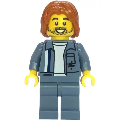  Scrapyard Worker - Male, Sand Blue Mechanic Uniform over White Shirt, Sand Blue Legs, Dark Orange Mid-Length Tousled Hair, Stubble