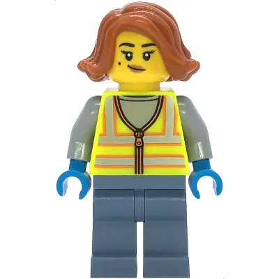  Scrapyard Worker - Female, Neon Yellow Safety Vest with Reflective Stripes, Sand Blue Legs, Dark Orange Hair, Beauty Mark