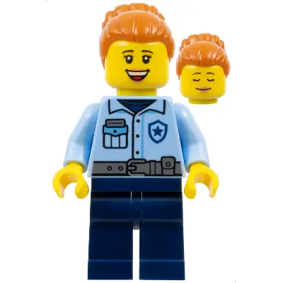  Donut Truck Customer (Police) - City Officer Female, Bright Light Blue Uniform with Dark Bluish Gray Belt, Dark Blue Legs, Dark Orange Hair with Bun, Freckles
