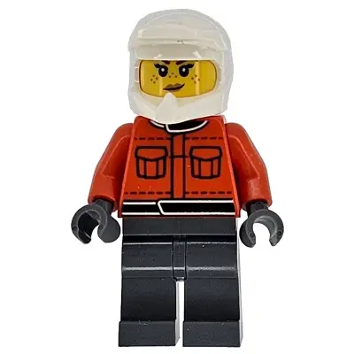  Formula 1 Pit Crew Member - Female, Reddish Orange Racing Suit with Pockets, Dark Bluish Gray Legs, White Dirt Bike Helmet, Freckles