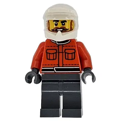  Formula 1 Pit Crew Member - Male, Reddish Orange Racing Suit with Pockets, Dark Bluish Gray Legs, White Dirt Bike Helmet, Beard and Moustache