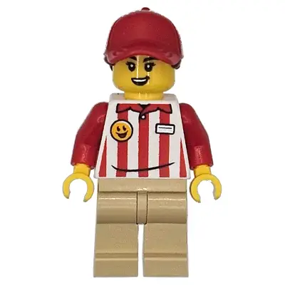  Hot Dog Soapbox Race Car Driver (Vendor) - Female, Red and White Striped Shirt, Tan Legs, Red Ball Cap with Reddish Brown Ponytail