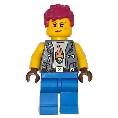  Soapbox Race Car Mechanic - Female, Sand Blue Vest, Dark Azure Legs, Magenta Messy Hair, Freckles