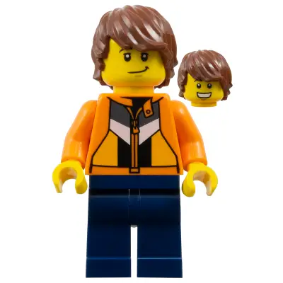  Soapbox Race Reporter - Male, Orange Jacket with Panels and Zipper, Dark Blue Legs, Reddish Brown Tousled Hair