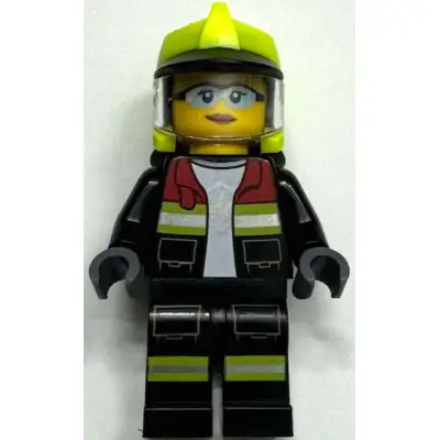  Fire - Female, Black Open Jacket and Legs with Reflective Stripes and Red Collar, Neon Yellow Fire Helmet, Trans-Clear Visor