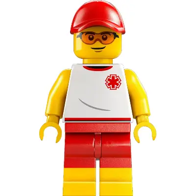  Beach Lifeguard - Male, White Shirt with EMT Star of Life, Red Shorts and Cap