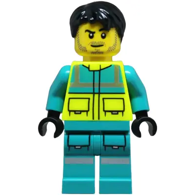 Paramedic - Male, Dark Turquoise and Neon Yellow Safety Vest, Legs with Silver Reflective Stripes, Black Hair