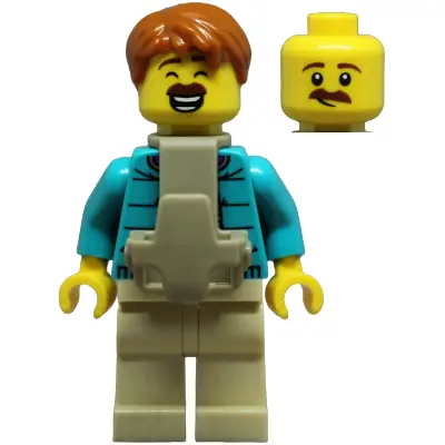  Dad - Dark Turquoise Jacket over Dark Purple Shirt, Tan Legs, Dark Orange Hair, Baby Carrier