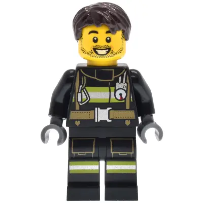  Fire - Male, Black Jacket and Legs with Reflective Stripes, Dark Brown Hair, Stubble