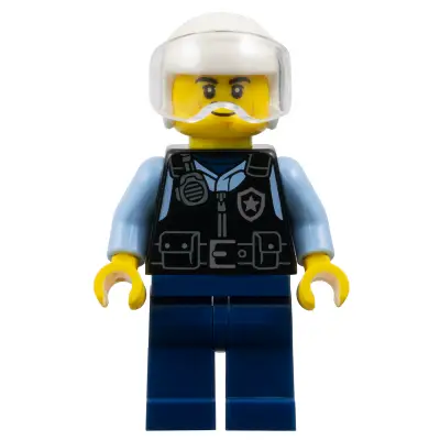  Police - City Officer Male, Black Safety Vest with Silver Star Badge Logo, Dark Blue Legs, White Helmet, Trans-Clear Visor, Lopsided Grin