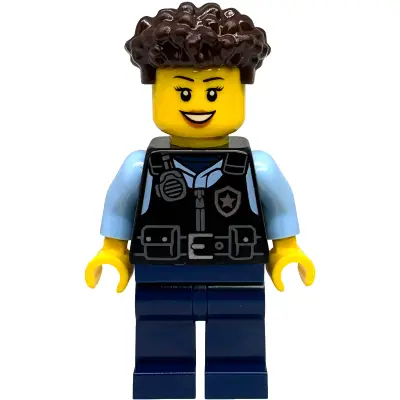  Police - City Officer Female, Black Safety Vest with Silver Star Badge Logo, Dark Blue Legs, Dark Brown Coiled Hair