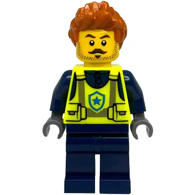  Police - City Officer Male, Neon Yellow Safety Vest, Dark Blue Legs, Dark Orange Spiked Hair