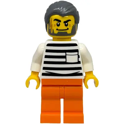 Police - City Jail Prisoner Male, White Shirt with Pocket and Black Stripes, Orange Legs, Dark Bluish Gray Hair
