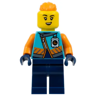  Arctic Explorer - Female, Medium Azure Jacket, Name Badge, Orange Topknot Braid Hair