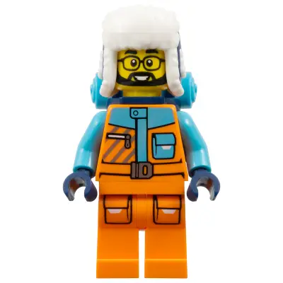  Arctic Explorer - Male, Orange and Medium Azure Jacket, Dark Blue Ushanka Hat, Black Beard, Glasses, Backpack