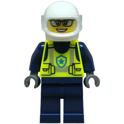  Police - City Officer Female, Neon Yellow Safety Vest, Dark Blue Legs, White Helmet, Trans-Clear Visor