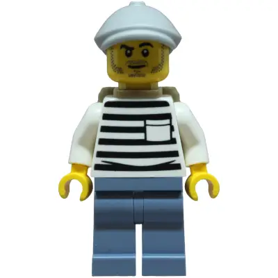  Police - City Jail Prisoner Male, White Shirt with Pocket and Black Stripes, Sand Blue Legs, Light Bluish Gray Flat Cap, Dark Tan Backpack