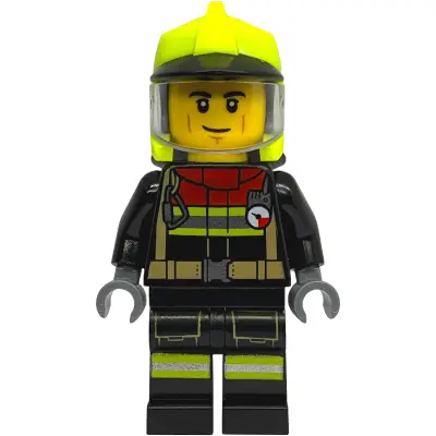 Fire - Male, Black Jacket and Legs with Reflective Stripes and Red Collar, Neon Yellow Fire Helmet, Trans-Clear Visor