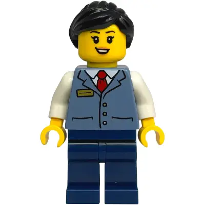  Train Driver - Female, Sand Blue Vest over White Shirt, Dark Blue Legs, Black Ponytail