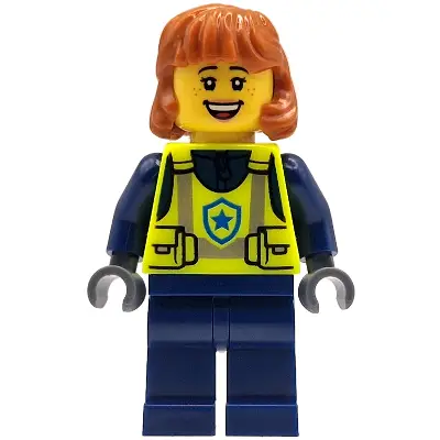  Police - City Officer Female, Neon Yellow Safety Vest, Dark Blue Legs, Dark Orange Mid Length Hair, Open Mouth Grin