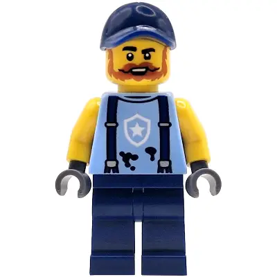  Police Mechanic - Male, Bright Light Blue Shirt with Suspenders, Black Splotches and White Star Badge Logo, Dark Blue Legs and Cap, Dark Orange Beard