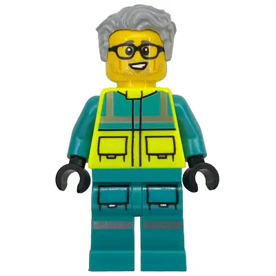  Paramedic - Male, Dark Turquoise and Neon Yellow Safety Vest, Legs with Silver Reflective Stripes, Glasses, Light Bluish Gray Hair