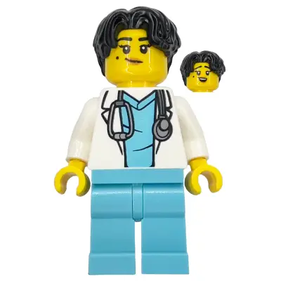  Doctor - Female, White Lab Coat with Stethoscope, Medium Azure Scrubs, Black Hair