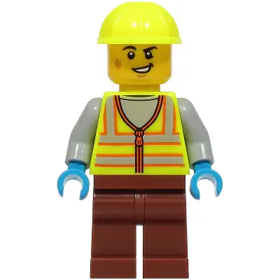  Train Worker - Male, Neon Yellow Safety Vest with Reflective Stripes, Reddish Brown Legs, Neon Yellow Construction Helmet