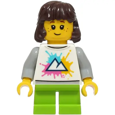  Child - Girl, White Shirt with Mountains Logo, Lime Short Legs, Dark Brown Hair