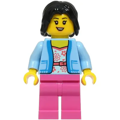  Passenger - Female, Bright Light Blue Jacket over White Shirt with Coral Flowers, Dark Pink Legs, Black Hair