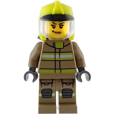  Fire - Female, Dark Tan Jacket and Legs with Reflective Stripes, Neon Yellow Fire Helmet, Trans-Clear Visor, Nougat Lips Smirk