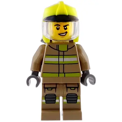  Fire - Male, Dark Tan Jacket and Legs with Reflective Stripes, Neon Yellow Fire Helmet, Trans-Clear Visor, Scuff Mark