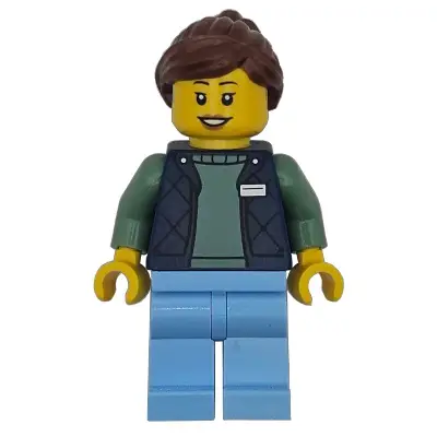  Delivery Worker - Female, Dark Blue Bodywarmer over Sand Green Sweater, Bright Light Blue Legs, Reddish Brown Hair, Hearing Aid