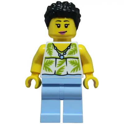  Tourist - Female, White Sleeveless Top with Lime Palm Leaves, Bright Light Blue Legs, Black Hair